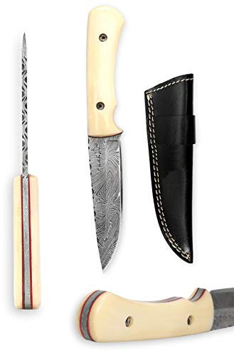 Perkin Couteau de Chasse Damas avec étui en Cuir