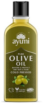 Ayumi Pure Olive Oil with Vitamin E & Fatty Acids | Cold Pressed Olive Oil for Frizzy Hair Treatment | Dry Skin Face Oil & Body Oil to Reduce Wrinkles | Food GradeOil to Aid Digestion | 1 x 150 ml