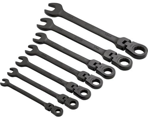 Draper 7 Piece Flexible Head Combination Spanner Set - 15087 - Ratcheting Metric Tool Kit, Black