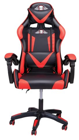No Fear Gaming Chair - Chaise de Gaming avec Coussin pour la Nuque et Le Bas du Dos - Chaise de Jeu Ergonomique - Réglable en Hauteur de 46 à 56 cm - Rouge/Noir