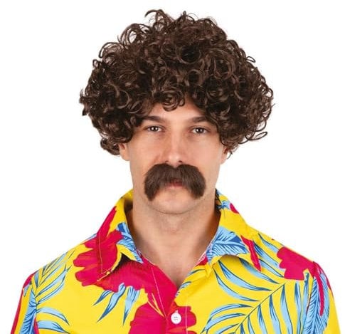 P'TIT CLOWN - 81183 - Herren Perücke Kurz Lockig und Schnurrbart - 70er, 80er Jahre Verkleidungszubehör - Karneval, Mottoparty, Cosplay, Manga, Silvester, Halloween - Synthetisches Haar - Braun