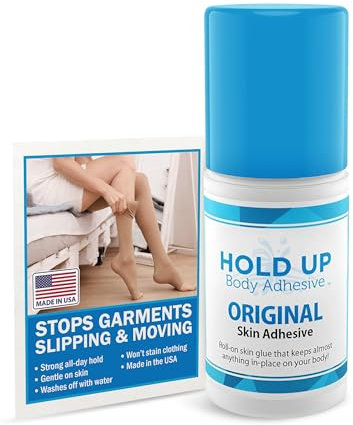 Hold Up Body Adhesive Applikatorkleber zum Aufrollen für Kompressionssocken, Strümpfe, Kostüme, Kleidung, Maskenkleber – 57 ml Flasche – sicher, hypoallergen