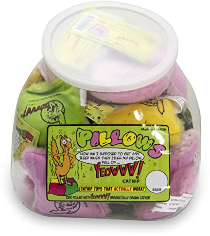 Yeowww Jug of 24 Catnip Pillow Toys Assorted, 100% Filled Organic American Grown Catnip Toy, Natural Vegetable and Soy Colourants, Each toy is 6cm x 6cm