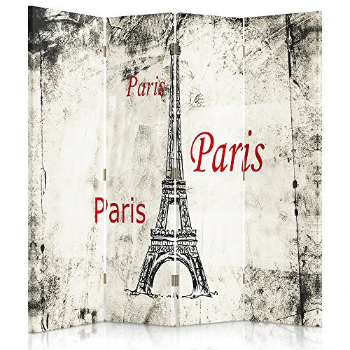 Feeby Frames. Raumteiler, Gedruckten auf Canvas, Leinwand Wandschirme, dekorative Trennwand, Paravent beidseitig, 4 teilig, 360° (145x150 cm), PARIS, VINTAGE, EIFFELTURM, TYPOGRAPHIE, ROT, SCHWARZWEIß