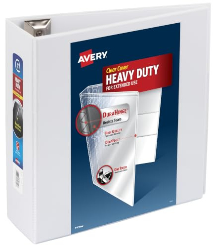 Avery Heavy-Duty View 3 Ring Binder, 4 Slant Rings, 1 White Binder | For Heavy School, Home and Office Use, DuraHinge® Tear-Resistant Spine, DuraEdge® Split-Resistant Edges, Clear View Covers