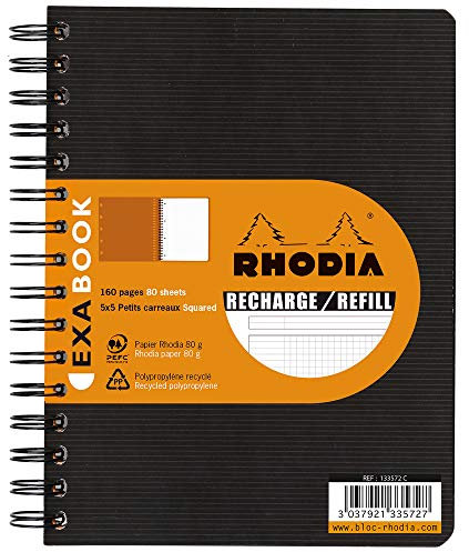 RHODIA 133572C - Cahier recharge pour cahier d'organisation Exabook Noir - A5+ 16 x 21 cm- Petits Carreaux - 160 pages détachables perforation 6 trous - Papier Clairefontaine 80 g/m² - Rhodiactive