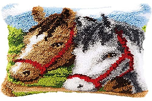 VERVACO Deko Kissenbezug Knüpfset für Anfänger 2 Pferde Basteln Erwachsene Kreativ DIY Handarbeit Selber Knüpfe ca. 40 x 40 cm Latch Hook Kit Set Kissen Knüpfkissen mit Knüpfhaken, Stoff, Multicolor
