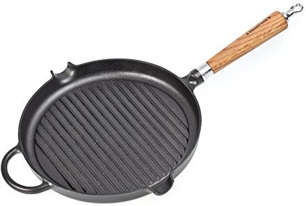 Ronneby Bruk Exclusive Serie Gusseisen, 120790, Grillpfanne mit zwei Ausgießer, Gegengriff und Eichengriff, Ø 28 cm
