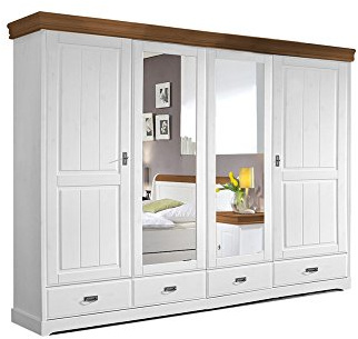 moebel-eins Roman Kleiderschrank/Drehtürenschrank teilmontiert, Material Massivholz, Kiefer, 4-türig, Weiss/Honig