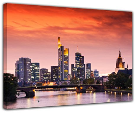 Bilderdepot24 Bild auf Leinwand | Frankfurt Skyline - Deutschland bei Nacht - Deutschland I in 70x50 cm als Wandbild | Wand-deko Dekoration Wohnung modern Bilder | 170128