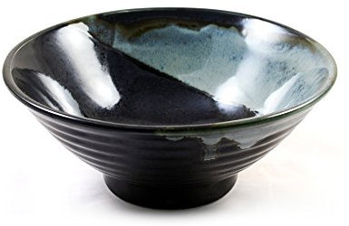 Zen Minded Japanese Ceramic Ramen Noodle Soup & Sushi Bowl in Sky Blue & Black Glazed Stoneware