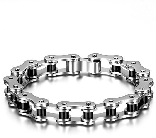 JewelryWe Mens Bicycle Chain Link Bracelet Stainless Steel Biker Bracelets Black Silver