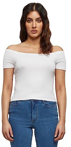 Urban Classics Women's Ladies Off Shoulder Rib Tee T-Shirt, White, XL