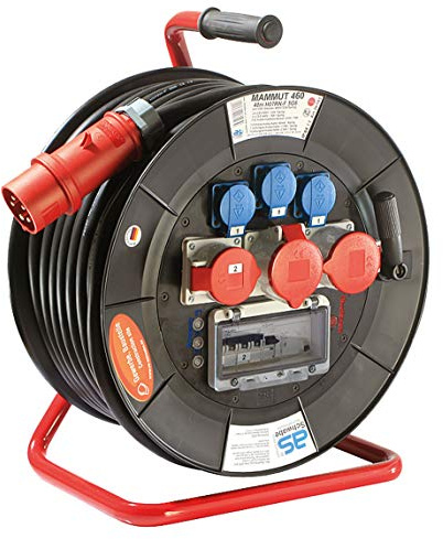 as - Schwabe Mammut Kabeltrommel 30m H07RN-F 5G6 mit CEE Stecker 400V/32A, 3x Schutzkontaktsteckdosen 230V/16A, 2x CEE Steckdose 400V/16A 1x 400V/32A, FI und LS Schalter, Tragegestell, IP44, 26105