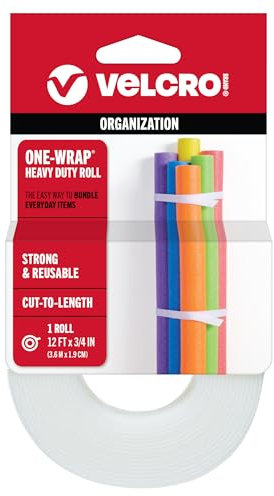 VELCRO Brand - ONE-WRAP Roll, Double-Sided, Self Gripping Multi-Purpose Hook and Loop Tape, Reusable, 12' x 3/4 Roll - White