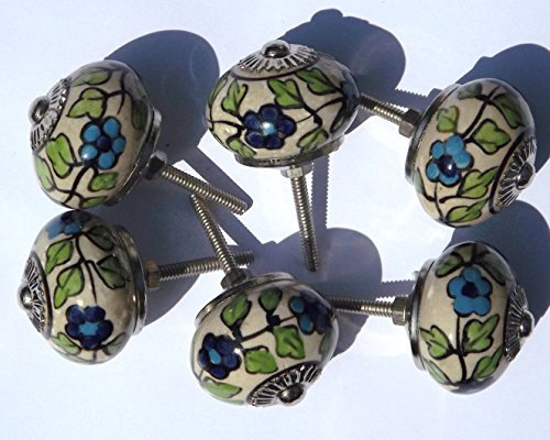 6 x Antique Cream Round William Morris Blue Flowers (Chrome Fittings) Ceramic Cupboard Door knob Drawer Pull Shabby Chic Handle Porcelain
