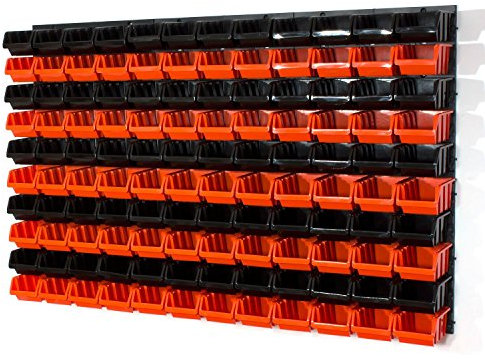 75 XS size and 60 S size orange/black storage bins with wall mounted panel