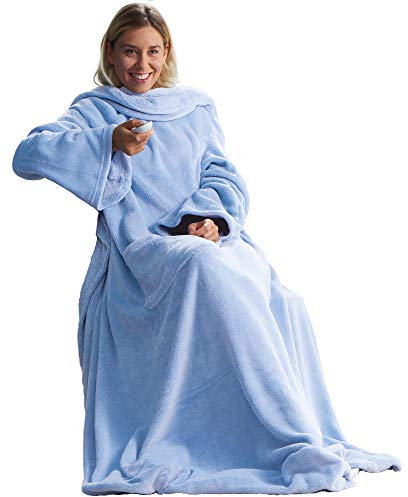 CelinaTex TV-Decke mit Ärmeln und Fußtasche Flauschige Kuscheldecke XL 170 x 200 cm hell blau Mikrofaser Fleece Soft Oeko-TEX