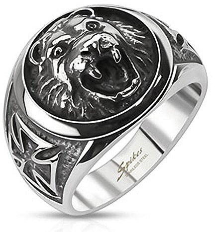 Autiga Löwen Kopf Ring Siegel Shield Edelstahl Massiv Biker Gothic Silber Herren Männer Silber 72 - Ø 23,01 mm