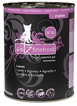 catz finefood Purrrr Lamm Monoprotein Katzenfutter nass N° 111, für ernährungssensible Katzen, 70% Fleischanteil, 6 x 400 g Dose
