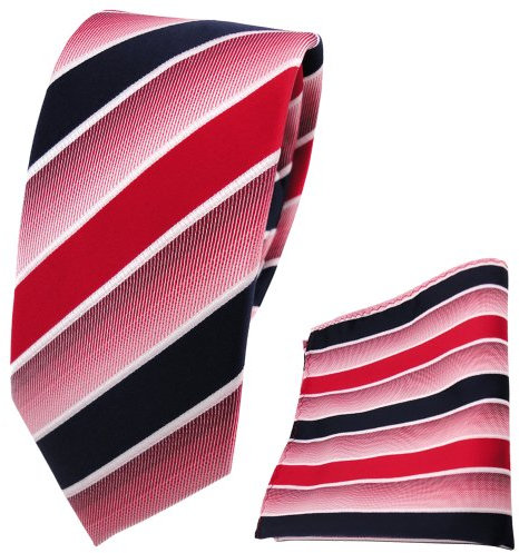 TigerTie - schmale Designer Krawatte Designer Einstecktuch in rot knallrot dunkelblau weiß gestreift