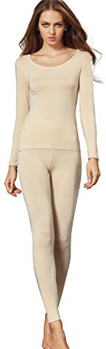 Liang Rou Women's Crew Neck Top & Bottom Ultra Thin Thermal Underwear Set Apricot L