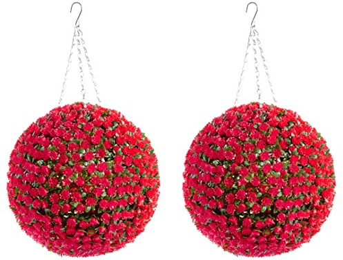 Best Artificial Pair of 38cm Red Rose Topiary Hanging Flower Balls **UV Fade Protected**