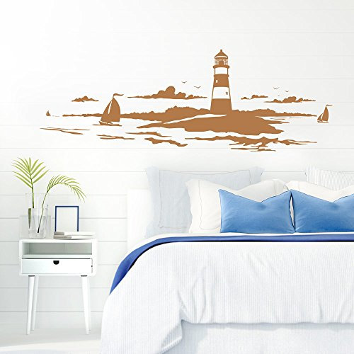 Grandora Skyline Küstenlandschaft Leuchtturm I Kupfer 120 x 42 cm I Bad Wohnzimmer Schlafzimmer Aufkleber Wandaufkleber Wandsticker Modern W974