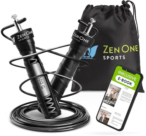 ZenRope Springseil, Speed Rope mit Kugellager, professionelles Sprungseil für Erwachsene, längenverstellbar, inkl. Extra Stahlseil, E-Book, Einstiegsguide & Tasche, 3 m Seillänge (Schwarz)