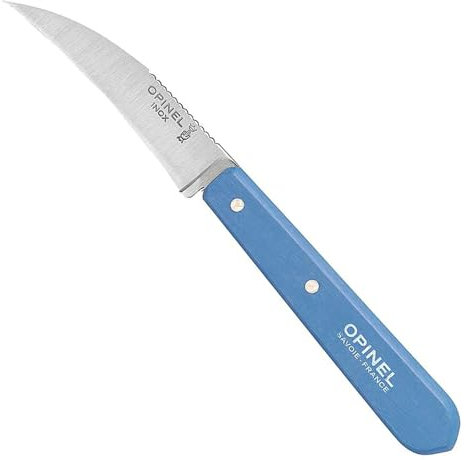 Opinel Couteau à légumes pour adulte n° 114 en acier inoxydable Sandvik, courbé, bleu clair, manche en bois de hêtre multicolore, taille unique