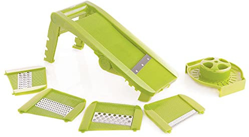 MASTRAD – Mandoline Multilames – 3 Râpes et 5 Lames Acier Inoxydable – Facile D’utilisation – Confort & Sécurité – 1 Poussoir – Coloris Vert