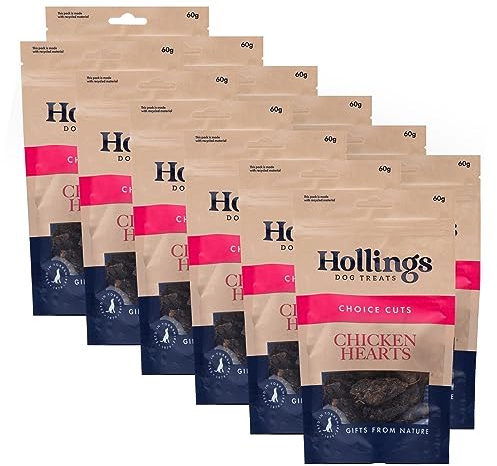 Hollings Chicken Hearts Dog Treats, 100% Natural Air Dried Treats for Adult Dogs, Grain Free & High in Protein 60g (Pack of 12)