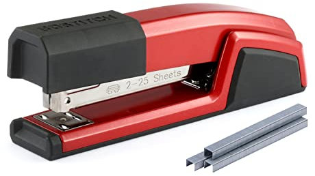 Bostitch Office Epic 3-in-1-Heftgerät, Metall, 25 Blatt Kapazität, inkl. 210 Heftklammern im Klammerablagefach & integriertem Entferner, Rot