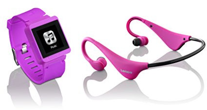 LENCO MP3 Sportwatch-100 mit BH-100 Bluetooth Kopfhörer (MP3, Micro-USB, Touchscreen, Schrittzähler, spritzwassergeschützt nach Norm IPX-4, Silikon-Uhrarmband) pink