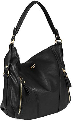 Mabel Womens Large Tote Shoulder Handbag - Top Zip Opening Leather Bag - Multiple Zip Front Pockets Slouch Bag - Paula (Black)