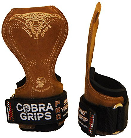 Guanti per sollevamento peso, resistenti, con cinghie alternative ai ganci Power hook, regolabili, in neoprene, con imbottitura, Cobra Grips, Cobra Grips Pro, PRO Brown Leather