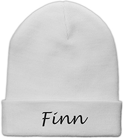 printplanet Beanie-Mütze mit Namen Finn Bestickt - Farbe Weiß - personalisierte Mütze, Strickmütze, Namensstickerei