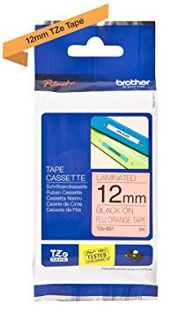 Brother Original P-touch Schriftband TZe-B31 12 mm, schwarz auf signalorange (u.a. für Brother P-touch PT-H100LB/R, -H105, -E100/VP, -D200/BW/VP, -D210/VP)