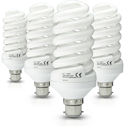 Long Life Lamp Company 4 x 35w Energy Saving Spiral Light Bulb Warm White 175w Equivalent Very Bright, Bayonet Cap B22, New Advanced T3 Technology Instant Light
