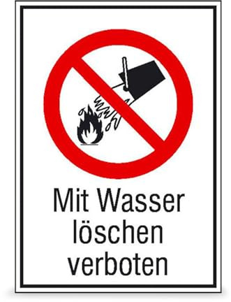 Betriebsausstattung24 Verbots-Kombischild Mit Wasser löschen verboten - PVC-Folie, selbstklebend - 13,1 x 18,5 cm - Text und Symbolschild - DIN EN ISO 7010