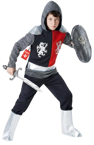 Morph Ritter Kostüm Kinder, Mittelalter Halloween Kostüm Jungen, L | Oberteil, Schwert, Schild & Schuhüberzüge, Silberner Kettenhemd-Look, Perfekt für Halloween, Ideal für Rollenspiele