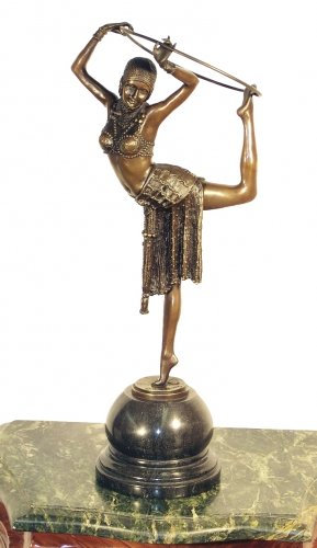 Kunst & Ambiente - Art Déco Tänzerin mit Reif - signiert - Demetre Haralamb Chiparus - Bronzefigur auf Marmor - Skulptur - Deko Figur in Bronze