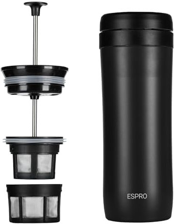 ESPRO® Travelpress avec Filtre à café, Acier Inoxydable, Noir, 7.2 x 7.2 x 20.4 cm