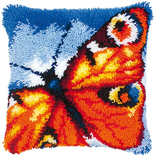 Vervaco Knüpfkissen Set Deko Kissenbezug Knüpfset für Anfänger SCHMETTERLING Basteln Erwachsene Kreativ DIY Handarbeit Kissen zum Selber Knüpfe ca. 40 x 40 cm Latch Hook Kit Knüpfhaken Set Kissen
