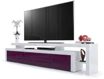 Vladon Mueble de TV Leon V3, Carcasa y Soporte Elevado en Blanco Alto Brillo/Frente en Zarzamora de Alto Brillo con Marco en Blanco de Alto Brillo (227 x 52 x 35 cm)