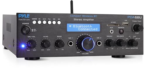 Pyle Wireless Bluetooth Power Amplifier System - 200W Dual Channel Sound Audio Stereo Receiver w/ USB, SD, AUX, MIC IN w/ Echo, Radio, LCD - For Home Theater Entertainment via RCA, Studio Use - PDA6BU
