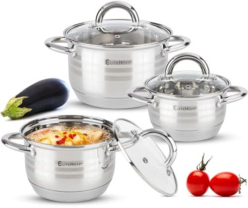 EliteHoff Topfset Induktion 6-teilig, Kochtopf Set mit Glasdeckel, 7-lagiger Edelstahl Topf Set Induktionsgeeignet, Kochgeschirr Set für alle Herdarten (E-4303)