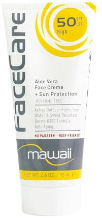 Mawaii Sonnencreme Sport & Surfen Gesichtscreme 50 SPF - 75 ml - Aloe Vera Wasserfest und Schweißfest Sonnenschutzcreme, ideal für Wassersport und Outdoor Sportarten sowie Anti-Aging Sonnenschutz