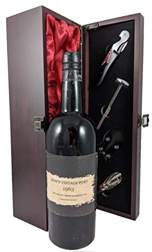 Dow Vintage Port 1963 in a silk lined wooden box with four wine accessories, 1 x 750ml