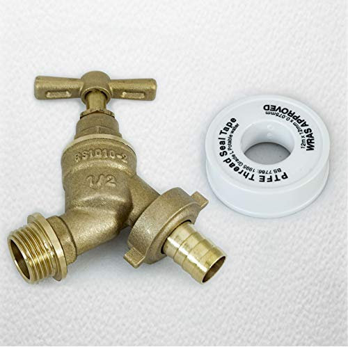 1/2 15mm Outside Bib Tap with PTFE Plumer Tape Hose Union BS1010-2 Brass Garden